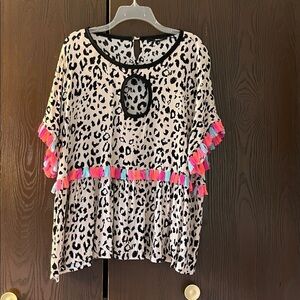Andree small sleeved animal print top with colored tassels. Size 2X